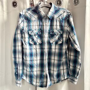 Vtg American Eagle Mens Western Plaid Medium Pearl Snap Ranchwear Cowboy 19433